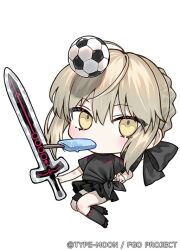 Rule 34 | 1girl, artoria pendragon (alter swimsuit rider) (fate), artoria pendragon (fate), ball, black bow, black shirt, black skirt, black socks, blonde hair, bow, braid, chibi, expressionless, fate/grand order, fate (series), food, food in mouth, hair between eyes, hair bow, holding, holding sword, holding weapon, ice cream, kneehighs, looking at viewer, nipi27, official art, shirt, simple background, skirt, soccer ball, socks, solo, sword, weapon, white background, yellow eyes