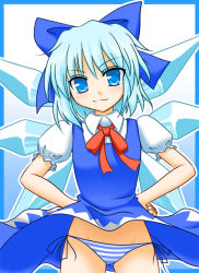 Rule 34 | 1girl, blue eyes, blue hair, blush, bow, cirno, clothes lift, dress, dress lift, embodiment of scarlet devil, female focus, hair bow, hand on own hip, john (nakoto), looking at viewer, matching hair/eyes, md5 mismatch, panties, side-tie panties, smile, solo, striped clothes, striped panties, touhou, underwear, wind, wind lift, wings