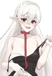 Rule 34 | 1girl, absurdres, arknights, belt collar, black camisole, braid, camisole, collar, colored skin, crown braid, double strap slip, fangs, highres, long hair, pale skin, pointy ears, pulled by self, radioneet, red eyes, smile, upper body, vampire, warfarin (arknights), white background, white hair, white skin