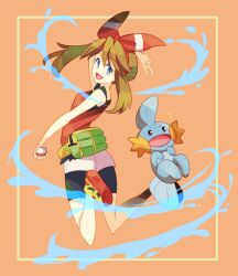 Rule 34 | 1girl, :d, bare shoulders, bike shorts, bike shorts under shorts, black shorts, bow, brown hair, creatures (company), fanny pack, full body, game freak, gen 3 pokemon, hair bow, hari611, holding, holding poke ball, looking at viewer, may (pokemon), mudkip, nintendo, open mouth, poke ball, pokemon, pokemon (creature), pokemon oras, red bow, shorts, smile, water, white shorts