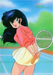 Rule 34 | 1980s (style), black eyes, black hair, copyright name, cowboy shot, day, holding, long hair, looking at viewer, maison ikkoku, official art, oldschool, open mouth, otonashi kyouko, outdoors, racket, retro artstyle, sweater, tennis court, tennis racket