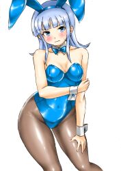 Rule 34 | 1girl, alternate costume, animal ears, bare shoulders, blue eyes, blue hair, blue leotard, blush, bow, bowtie, breasts, brown pantyhose, cleavage, cowboy shot, detached collar, embarrassed, fake animal ears, hatsukaze (kancolle), kantai collection, kudou (ooabareteng), leotard, long hair, looking at viewer, one-hour drawing challenge, pantyhose, playboy bunny, rabbit ears, simple background, small breasts, solo, strapless, strapless leotard, sweatdrop, traditional bowtie, white background, wrist cuffs