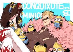 Rule 34 | 2boys, 6+others, arm up, artist request, banana, black shirt, blonde hair, brothers, character name, cigarette, coat, crossover, despicable me, donquixote doflamingo, donquixote rocinante, food, from side, fruit, fur coat, long sleeves, looking at another, looking at viewer, makeup, male focus, minion (despicable me), multiple boys, multiple others, one piece, open mouth, pectorals, red headwear, red hood, salute, shirt, siblings, simple background, sitting, sitting on person, smile, smoking, spikes, stuffed animal, stuffed toy, sunglasses, white shirt