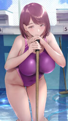 Rule 34 | 1girl, absurdres, broom, brown eyes, brown hair, character request, competition swimsuit, covered navel, highres, leaning forward, legs, looking at viewer, one-piece swimsuit, pool, short hair, smile, solo, swimsuit, thighs, water