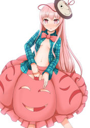 Rule 34 | 1girl, blush, bow, bubble skirt, clothes pull, expressionless, frilled skirt, frills, hata no kokoro, long hair, looking at viewer, mask, monkey mask, no bra, no panties, okina (805197), open clothes, open shirt, pink eyes, pink hair, plaid, plaid shirt, pussy, shirt, simple background, skirt, skirt pull, solo, touhou, uncensored, very long hair, white background