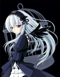 Rule 34 | 00s, 1girl, black background, purple eyes, rozen maiden, silver hair, solo, suigintou, takami ryou, wings