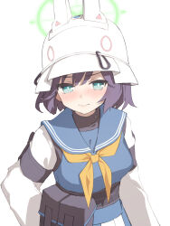 Rule 34 | 1girl, animal ear headwear, animal ears, aqua eyes, belt pouch, blue archive, blue sailor collar, blush, breasts, bright pupils, closed mouth, fake animal ears, halo, hard hat, helmet, highres, long sleeves, looking to the side, medium breasts, miya kazutomo, neckerchief, pouch, purple hair, rabbit ears, sailor collar, saki (blue archive), simple background, solo, turtleneck, upper body, white background, white pupils, yellow halo, yellow neckerchief