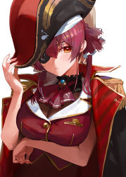 Rule 34 | 1girl, ascot, bare shoulders, bicorne, blush, breasts, brooch, cleavage, closed mouth, eyepatch, hand on headwear, hat, highres, hololive, houshou marine, jacket, jacket on shoulders, jewelry, large breasts, leotard, leotard under clothes, long hair, looking away, modare, off shoulder, pirate hat, red eyes, red hair, see-through, see-through cleavage, see-through leotard, simple background, solo, twintails, upper body, virtual youtuber, white background