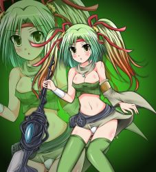 Rule 34 | 1girl, :o, alternate eye color, andrew (duel angel), armlet, bare shoulders, belt pouch, blush, breasts, cleavage, commentary request, detached sleeves, duel monster, fur, gradient background, gradient hair, green background, green eyes, green hair, green skirt, green thighhighs, hair ribbon, hairband, highres, holding, holding staff, long hair, looking at viewer, medallion, medium breasts, midriff, miniskirt, multicolored hair, multiple views, navel, orange hair, panties, pantyshot, parted hair, pouch, red headwear, reeze whirlwind of gusto, ribbon, scarf, single detached sleeve, skirt, staff, standing, strapless, thighhighs, tube top, twintails, underwear, white panties, yellow eyes, yu-gi-oh!, zettai ryouiki, zoom layer