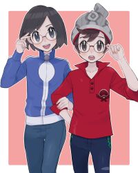 Rule 34 | 2boys, :d, adjusting eyewear, beanie, bespectacled, blue jacket, brown eyes, brown hair, buttons, calem (pokemon), collarbone, collared shirt, commentary request, creatures (company), game freak, glasses, grey headwear, hand up, hat, highres, holding another&#039;s arm, jacket, long sleeves, looking at viewer, male focus, multiple boys, nail polish, nintendo, open mouth, outline, pants, pink nails, plaid, pokemon, pokemon swsh, pokemon xy, red shirt, sana (37pisana), shirt, short hair, smile, teeth, turtleneck, turtleneck jacket, upper teeth only, victor (pokemon), zipper pull tab