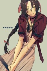 Rule 34 | 1girl, absurdres, aerith gainsborough, braid, braided ponytail, brown hair, buttons, choker, cowboy shot, cropped jacket, dress, etaa89, fighting stance, final fantasy, final fantasy vii, final fantasy vii remake, flower choker, green eyes, grey background, hair ribbon, highres, holding, holding staff, jacket, long dress, long hair, looking at viewer, parted bangs, pink dress, pink ribbon, red jacket, ribbon, short sleeves, sidelocks, smile, solo, staff, v arms