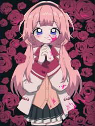 Rule 34 | 1girl, black hairband, black shirt, black skirt, black thighhighs, blood, blood on clothes, blood on face, blood on hands, blood splatter, blush, floral background, flower, hairband, hands up, highres, hohoemimomota, interlocked fingers, jacket, long hair, looking at viewer, low twintails, nijisanji, own hands clasped, own hands together, pink blood, pink hair, pleated skirt, purple eyes, red flower, red rose, rose, school uniform, selene girls school uniform, shirt, skirt, smile, solo, suo sango, suo sango (1st costume), thighhighs, twintails, virtual youtuber, white jacket