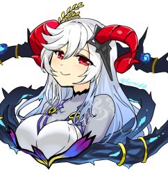 Rule 34 | 1girl, blue flower, closed mouth, fire emblem, fire emblem heroes, flower, freyja (fire emblem), horns, long hair, nintendo, silver hair, simple background, smile, solo, thorns, turtleneck, twitter username, upper body, white background, yukia (firstaid0)