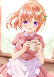 Rule 34 | 1girl, :d, apron, blush, bow, brown hair, brown shirt, brown skirt, coffee, collared shirt, commentary request, cup, dress shirt, frilled apron, frills, gochuumon wa usagi desu ka?, hair between eyes, hair ornament, hairclip, highres, holding, holding cup, hoto cocoa, indoors, looking at viewer, mug, open mouth, pleated skirt, ponytail, puffy short sleeves, puffy sleeves, purple eyes, red bow, shirt, short sleeves, skirt, smile, solo, steam, uniform, waist apron, waitress, white apron, window, xenon (for achieve)
