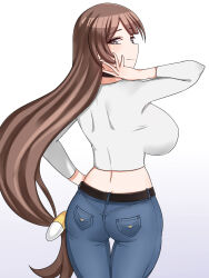 1girl alternate_costume ass bare_shoulders breasts brown_hair butt_crack c-sha choujigen_game_neptune compile_heart denim from_behind green_eyes jeans large_breasts long_hair looking_at_viewer looking_back neptune_(series) pants shirt sideboob smile solo very_long_hair zatsu