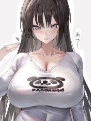 Rule 34 | 1girl, absurdres, black hair, blush, breasts, cleavage, collarbone, commentary request, grey eyes, hand up, highres, kabi (zcwd8845), large breasts, long hair, long sleeves, original, parted lips, shirt, simple background, solo, upper body, white shirt