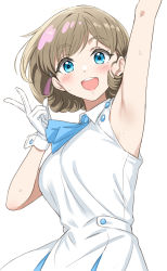 Rule 34 | 1girl, arm up, armpits, blue eyes, blue neckerchief, blush, breasts, collared dress, commentary request, cowboy shot, dress, gloves, highres, large breasts, looking at viewer, love live!, love live! superstar!!, neckerchief, open mouth, sankuro (agoitei), short hair, simple background, sleeveless, sleeveless dress, smile, solo, sweat, tang keke, teeth, upper teeth only, white background, white dress, white gloves