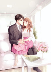 Rule 34 | 1boy, 1girl, black hair, blush, brown eyes, brown hair, business suit, couch, couple, day, flower, formal, highres, indoors, long hair, looking at another, necktie, original, pink skirt, shirt, short hair, sitting, sitting on lap, sitting on person, skirt, smile, suit, table, vase, white shirt, yuka (mischief)