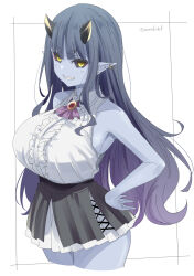 Rule 34 | 1girl, amulet, armpits, ascot, black sclera, breasts, colored sclera, demon horns, earrings, frills, grey hair, grey shirt, highres, horns, jewelry, kichihachi, large breasts, long hair, looking at viewer, miniskirt, original, pointy ears, purple ascot, shirt, skirt, sleeveless, smile, solo, twitter username, white background, white shirt, yellow eyes