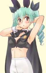 Rule 34 | 10s, 1girl, anchovy (girls und panzer), animal ears, arms behind head, black bow, black bowtie, black bra, black cape, black ribbon, blush, bow, bow bra, bowtie, bra, breasts, cape, cleavage, commentary, commentary request, detached collar, drill hair, fake animal ears, girls und panzer, green hair, hair ribbon, lace, lace-trimmed bra, lace trim, light frown, long hair, looking at viewer, medium breasts, pantyhose, parted lips, rabbit ears, red eyes, ribbon, simple background, solo, standing, twin drills, twintails, twintails day, underwear, underwear only, uona telepin, upper body, white pantyhose, wrist cuffs, yellow background