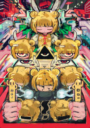 Rule 34 | 1girl, abstract, abstract background, blonde hair, blunt bangs, closed eyes, colorful, crack, cyclops, double bun, fairy wings, hair bun, hito (nito563), holding, joutouguu mayumi, no nose, one-eyed, puffy short sleeves, puffy sleeves, red eyes, shirt, short sleeves, solo, surreal, touhou, wings, yellow shirt