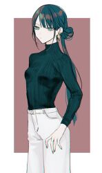 Rule 34 | 1girl, alternate costume, black sweater, blue hair, border, breasts, brown background, closed mouth, cowboy shot, dark blue hair, earrings, expressionless, fate/grand order, fate (series), green eyes, hair bun, jewelry, jing ke (fate), katagiri (mighty swing), long sleeves, pants, ponytail, simple background, small breasts, solo, sweater, sweater tucked in, turtleneck, turtleneck sweater, white border, white pants