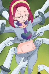 Rule 34 | 1girl, downpants, closed eyes, glasses, gloves, green background, hairband, haruyama kazunori, heart, hoshina terumi, midriff, navel, no panties, outstretched arms, precure, red hair, short hair, solo focus, star twinkle precure, white gloves, yellow hairband