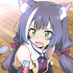Rule 34 | 1girl, animal ear fluff, animal ears, black hair, blush, breasts, cat ears, cat tail, derivative work, detached sleeves, dress, fang, food, green eyes, hair ribbon, karyl (princess connect!), long hair, low twintails, meme, multicolored hair, nakahira guy, open mouth, princess connect!, ribbon, sailor moon redraw challenge (meme), saliva, solo focus, streaked hair, sweat, tail, twintails, upper body, white hair