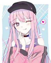 Rule 34 | 1other, akiyama mizuki, androgynous, baseball cap, black choker, black headwear, blush, bokutachi no seizon tousou (project sekai), choker, commentary, dot nose, english commentary, fingernails, hair down, hand up, hat, heart, highres, long hair, long sleeves, official alternate costume, official alternate hairstyle, one eye closed, paw print, pink eyes, pink hair, project sekai, spoken heart, tongue, tongue out, upper body, vmtpzk