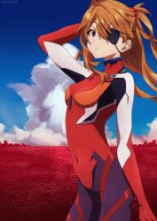 Rule 34 | 1girl, :o, absurdres, arm behind head, blue sky, bodysuit, breasts, cloud, covered navel, cowboy shot, dated, eyepatch, floating hair, from side, hair between eyes, hair ornament, highres, horizon, huge filesize, looking at viewer, neon genesis evangelion, orange hair, parted lips, plugsuit, purple eyes, red bodysuit, shimayo (4md4ut), skin tight, sky, small breasts, solo, souryuu asuka langley, tight clothes, wasteland