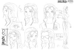 Rule 34 | 1girl, absurdres, breasts, character sheet, highres, large breasts, long hair, monochrome, nico robin, official art, one piece, scan, simple background, sunglasses, sunglasses on head, translation request, very long hair, wide hips