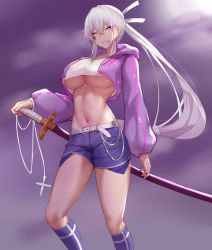 Rule 34 | 1girl, belt, blue shorts, blue socks, breasts, character request, crop top, cropped jacket, cross, crossed bangs, facial mark, hair between eyes, heterochromia, highres, hood, hooded jacket, jacket, kneehighs, large breasts, light purple hair, long hair, long sleeves, looking at viewer, mole, mole on breast, mole under mouth, mouth hold, nail polish, navel, no bra, open clothes, open jacket, original, pink nails, ponytail, purple jacket, shorts, socks, solo, stomach, sword, tachi (weapon), tiankong pie ai, underboob, very long hair, warrior, weapon, white belt, white hair