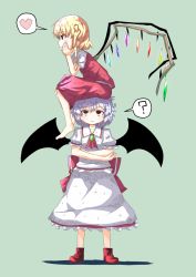 Rule 34 | 2girls, :&lt;, ?, ankle boots, aqua background, barefoot, bat wings, blonde hair, boots, bow, brooch, ascot, cross-laced footwear, crossed arms, elbows on knees, flandre scarlet, full body, head rest, heart, jewelry, light purple hair, looking up, multiple girls, no headwear, no headwear, on head, otokichi-wo, person on head, profile, puffy short sleeves, puffy sleeves, red eyes, remilia scarlet, shadow, short hair, short sleeves, siblings, side ponytail, simple background, sisters, sitting, sitting on head, sitting on person, skirt, skirt set, spoken heart, spoken question mark, standing, touhou, wings