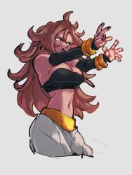 Rule 34 | 1girl, android 21, black nails, breasts, cleavage, colored skin, dragon ball, dragon ball fighterz, earrings, fingernails, grey background, hoop earrings, jewelry, kemachiku, large breasts, long hair, majin android 21, midriff, nail polish, navel, open mouth, pink skin, red hair, simple background, solo