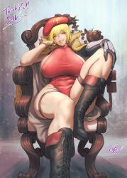 Rule 34 | 1girl, beret, blonde hair, boots, breasts, fujii eishun, hat, head tilt, highres, large breasts, leotard, lipstick, looking at viewer, makeup, mole, mole under mouth, original, purple eyes, scar, scar on face, short hair, sitting, smile, solo, thighs