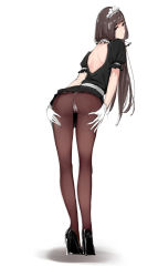 Rule 34 | 1girl, back, back cutout, backless outfit, black pantyhose, brown hair, clothing cutout, crotch seam, full body, gloves, grey background, high heels, long hair, looking at viewer, looking back, maid headdress, original, panties, panties under pantyhose, pantyhose, simple background, solo, tsukino wagamo, underwear, white gloves, white panties