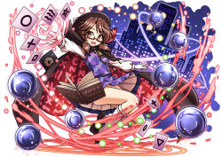 Rule 34 | 1girl, akashio (loli ace), breasts, brown eyes, brown hair, cape, city, clothes lift, dress, female focus, glasses, hat, long sleeves, looking at viewer, magic circle, no panties, open mouth, outstretched arms, plaid, plaid shirt, plaid skirt, runes, shirt, skirt, skirt lift, small breasts, smile, solo, thighs, touhou, usami sumireko, vest, white vest