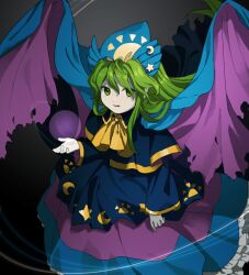 Rule 34 | 1girl, black background, blue capelet, bow, bowtie, capelet, commentary request, crescent, dress, gradient background, green eyes, green hair, grey background, hat, highres, kaigen 1025, long hair, long sleeves, looking at viewer, mima (touhou), orb, parted lips, solo, star (symbol), story of eastern wonderland, sun print, sun symbol, touhou, touhou (pc-98), wings, wizard hat, yellow bow, yellow bowtie
