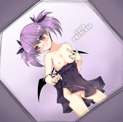 Rule 34 | 1girl, aisha landar, bad id, bad pixiv id, bare shoulders, bat wings, blush, breasts, clothes pull, covering privates, covering breasts, covering nipples, dress pull, dutch angle, elsword, highres, nightgown, nipples, no bra, no panties, off shoulder, purple eyes, purple hair, purple skirt, pussy, pussy juice, short hair, short twintails, skirt, small breasts, solo, tama (tamatamo), twintails, uncensored, undressing, void princess, void princess (elsword), wings