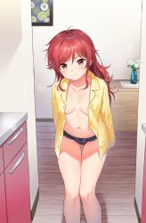 Rule 34 | 1girl, areola slip, black panties, blurry, blurry background, breasts, chigusa asuha, closed mouth, commentary request, depth of field, gluteal fold, indoors, jpeg artifacts, long hair, looking at viewer, navel, no bra, no pants, open clothes, open shirt, panties, qualidea code, red eyes, red hair, sekiya asami, small breasts, solo, standing, underwear