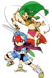 Rule 34 | 1boy, 1girl, :d, armored boots, belt, blue eyes, blue shorts, boots, closed mouth, commentary request, feena (grandia), fighting stance, fingerless gloves, floating hair, gloves, grandia, grandia i, green eyes, green hair, hair tubes, hat, holding, holding sword, holding weapon, hungry clicker, jumping, justin (grandia), layered sleeves, legs apart, looking at viewer, microskirt, navel, open mouth, red hair, red thighhighs, scabbard, scarf, sheath, shoes, shorts, simple background, skirt, smile, sword, thighhighs, weapon, white background, wide sleeves, yellow gloves