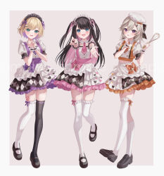 Rule 34 | 3girls, absurdres, apron, asymmetrical legwear, black footwear, black hair, black hairband, black thighhighs, blonde hair, blue eyes, blush, border, bow, closed mouth, colored inner hair, fang, fangs, frilled hairband, frilled skirt, frilled wrist cuffs, frills, full body, green eyes, grey background, hair ribbon, hairband, hand on own face, hands up, hat, heart, highres, jimmy madomagi, kaga nazuna, komori met, kurumi noah, light brown hair, loafers, long hair, looking at viewer, maid, maid apron, maid headdress, mary janes, medium hair, mismatched legwear, multicolored hair, multiple girls, necktie, open mouth, orange bow, orange necktie, outside border, pink bow, pink hair, pink necktie, purple bow, purple eyes, purple hair, purple necktie, purple ribbon, ribbon, sample watermark, shoes, skirt, teeth, thighhighs, two-tone hair, virtual youtuber, vspo!, watermark, white border, white hairband, white hat, white thighhighs, wrist cuffs, zettai ryouiki