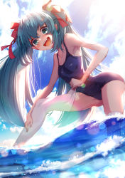 Rule 34 | 1girl, adjusting clothes, adjusting legwear, alternate costume, aqua eyes, aqua hair, arched back, bad anatomy, bare shoulders, blue one-piece swimsuit, blue sky, blush, breasts, cameltoe, cleft of venus, cloud, cluseller, collarbone, day, digitan, fangs, female focus, hair ribbon, happy, highres, leaning forward, leg up, lens flare, light blush, light particles, long hair, looking at viewer, matching hair/eyes, one-piece swimsuit, open mouth, original, outdoors, red ribbon, ribbon, sidelocks, skindentation, sky, small breasts, smile, solo, standing, standing on one leg, sunlight, swimsuit, teeth, thighhighs, tongue, twintails, very long hair, wading, water