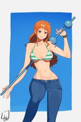 Rule 34 | 1girl, absurdres, bikini, breasts, commentary, denim, highres, jeans, jewelry, l4wless, large breasts, long hair, looking at viewer, nami (one piece), navel, one piece, orange hair, pants, smile, solo, standing, swimsuit, tattoo