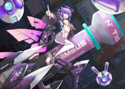 Rule 34 | 1girl, blue eyes, breasts, cropped jacket, fingerless gloves, gloves, highres, jacket, looking at viewer, mechanical wings, medium breasts, melody (projektmelody), melody (projektmelody) (1st costume), navel, open mouth, pointy ears, ponytail, purple hair, purple jacket, rocket, smile, t0m (projektmelody), thighhighs, uhen, underboob, virtual youtuber, vshojo, white gloves, white thighhighs, wings