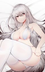 Rule 34 | 1girl, absurdres, arknights, ass, bare arms, bare shoulders, bed sheet, bikini, breasts, cleavage, closed mouth, collarbone, hair between eyes, highres, knees up, large breasts, legs together, long hair, looking to the side, lying, on back, red eyes, samip, skadi (arknights), solo, straight hair, swimsuit, thighhighs, thighhighs pull, thighs, underwear, underwear only, very long hair, white bikini, white hair, white thighhighs
