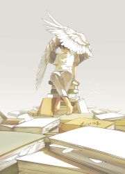 Rule 34 | 1boy, 2023, angel, angel wings, barefoot, black hair, book, covering face, dated, feathered wings, feathers, grey pants, highres, original, pants, rido (ridograph), shirt, white shirt, white wings, wings
