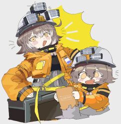 Rule 34 | 1girl, ^^^, arknights, belt, black shirt, blonde hair, blush, blush stickers, brown hair, cement (arknights), cement bag, chibi, cowlick, emphasis lines, flipped hair, grey background, grey pants, hard hat, helmet, highres, jacket, light, looking at viewer, multiple views, odmised, open mouth, orange jacket, pants, pouring, shirt, short hair, simple background, sketch, sleeves past wrists, sparkle, yellow background, yellow belt