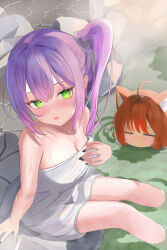 2girls 774norango absurdres ahoge black_nails blush breasts character_request cleavage eyelashes from_above green_eyes hair_between_eyes hand_on_own_chest highres hololive long_hair looking_at_viewer medium_breasts mouth_under_water multicolored_hair multiple_girls onsen open_mouth orange_hair outdoors partially_submerged perspective pink_hair purple_hair side_ponytail sitting streaked_hair tokoyami_towa towel virtual_youtuber water wet