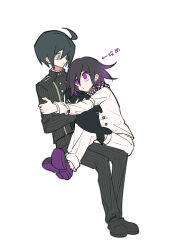 Rule 34 | 2boys, ahoge, black footwear, black hair, black jacket, black pants, buttons, checkered clothes, checkered scarf, danganronpa (series), danganronpa v3: killing harmony, double-breasted, grey jacket, grey pants, hair between eyes, highres, holding, holding stuffed toy, hug, jacket, long sleeves, looking at another, male focus, multiple boys, oma kokichi, pants, purple eyes, purple footwear, purple hair, saihara shuichi, scarf, shoes, short hair, simple background, striped clothes, striped jacket, striped pants, stuffed orca, stuffed toy, translation request, white background, xia nu xiao fang, yaoi